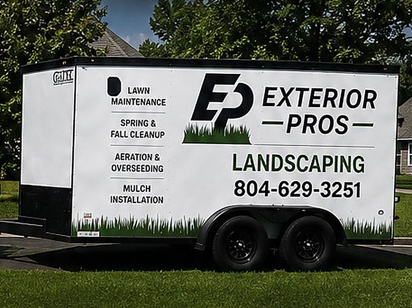 Exterior Pros truck and enclosed landscaping trailer parked at a customer's home